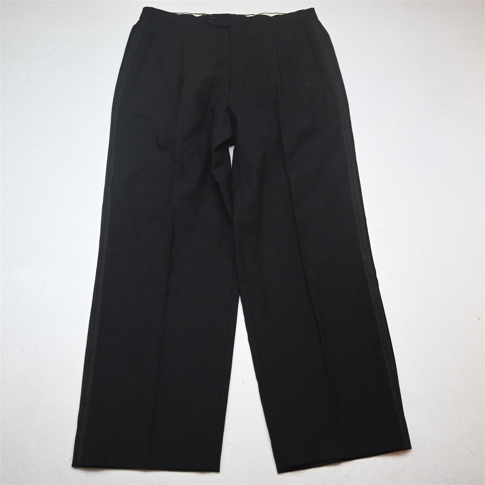 Vtg Bespoke 30x28 Black Wool Pleated Braided Galloon Tux Tuxedo Mens Pants